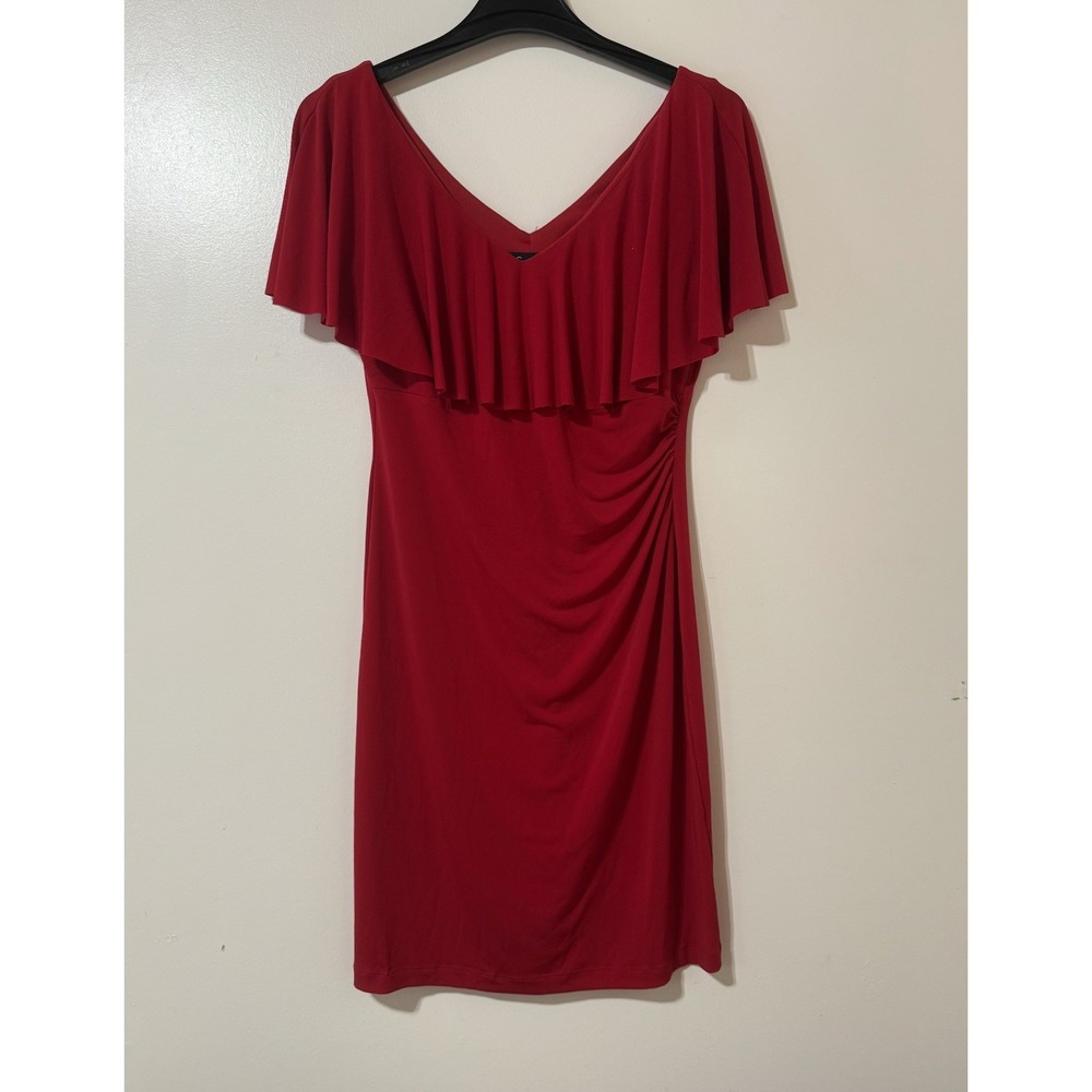 Connected Apparel Dress Womens Size 12 Red Ruffled V- Neck Ruched Sleeveless